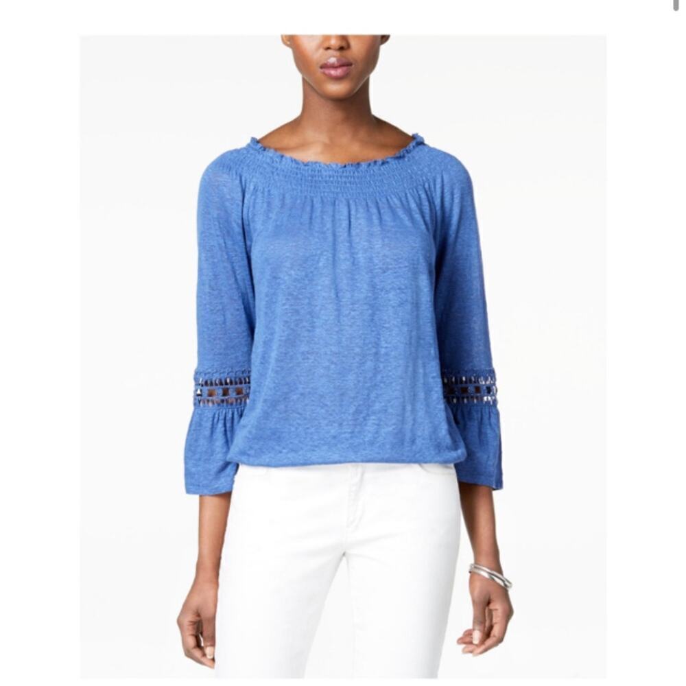 INC International Concepts Linen Beaded Blouse Size XS